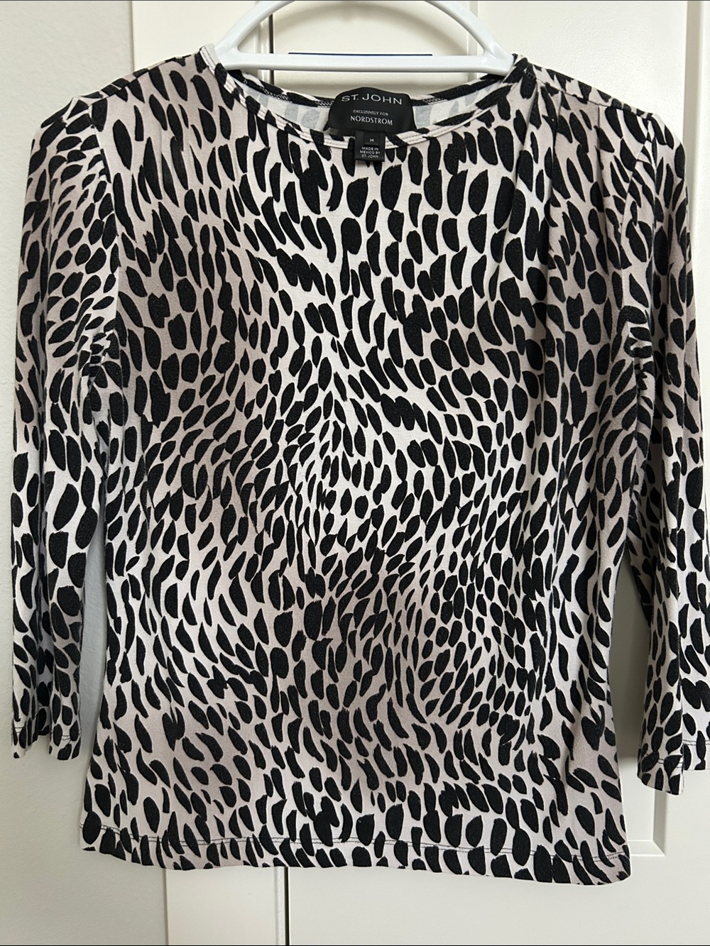 St. John Black and Cream Animal Print 3/4 Sleeve Top